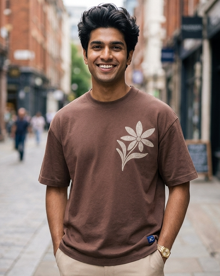 Man wearing a Floral Print in Brown oversized T-shirt
