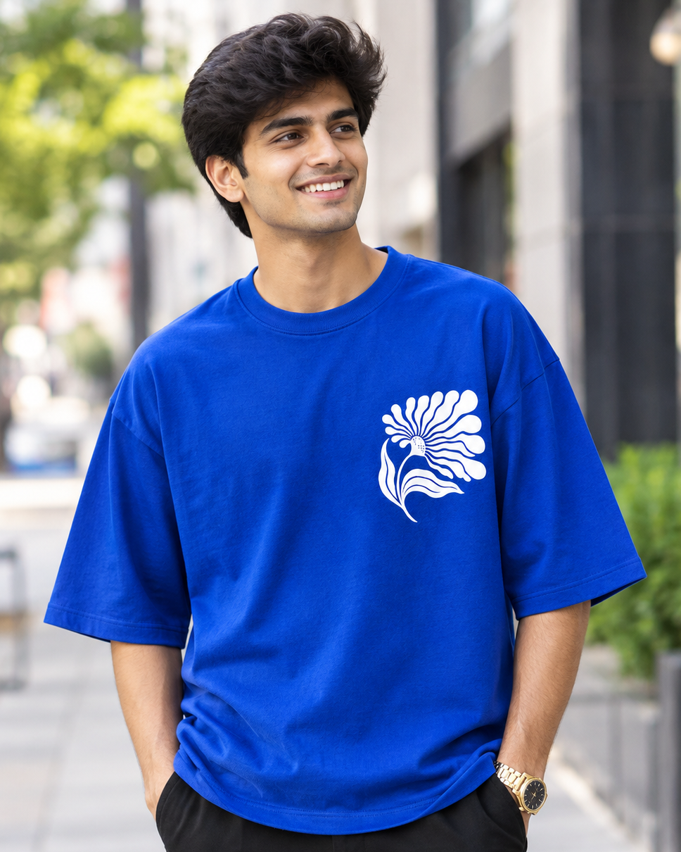 Man wearing a Floral Print in Royal Blue oversized T-shirt