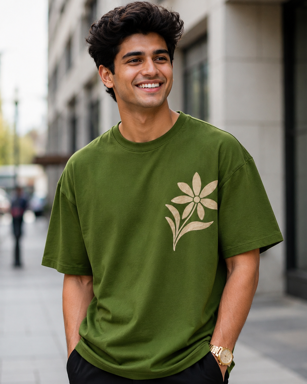 Man wearing Olive Green colour oversized T-shirt