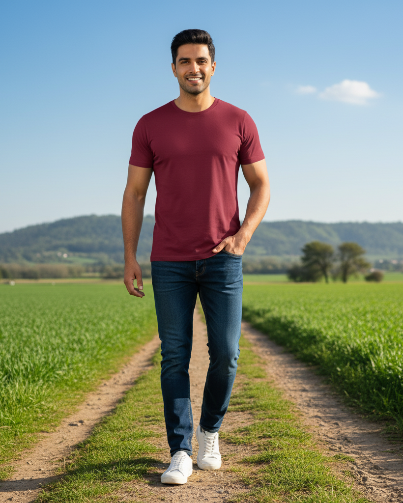 Man in a red shirt and blue jeans standing on a dirt path in a green field with mountains in the background.