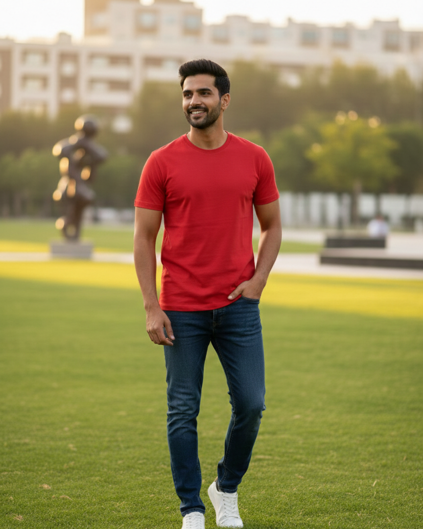 Man in a red shirt and blue jeans standing on a grassy field with buildings and trees in the background.