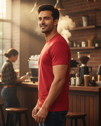 Man in a red shirt standing in a coffee shop with baristas behind the counter.