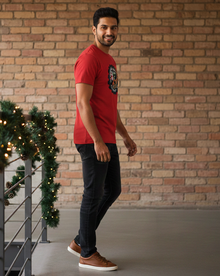 Man in a red shirt standing next to a staircase with Christmas decorations against a brick wall.