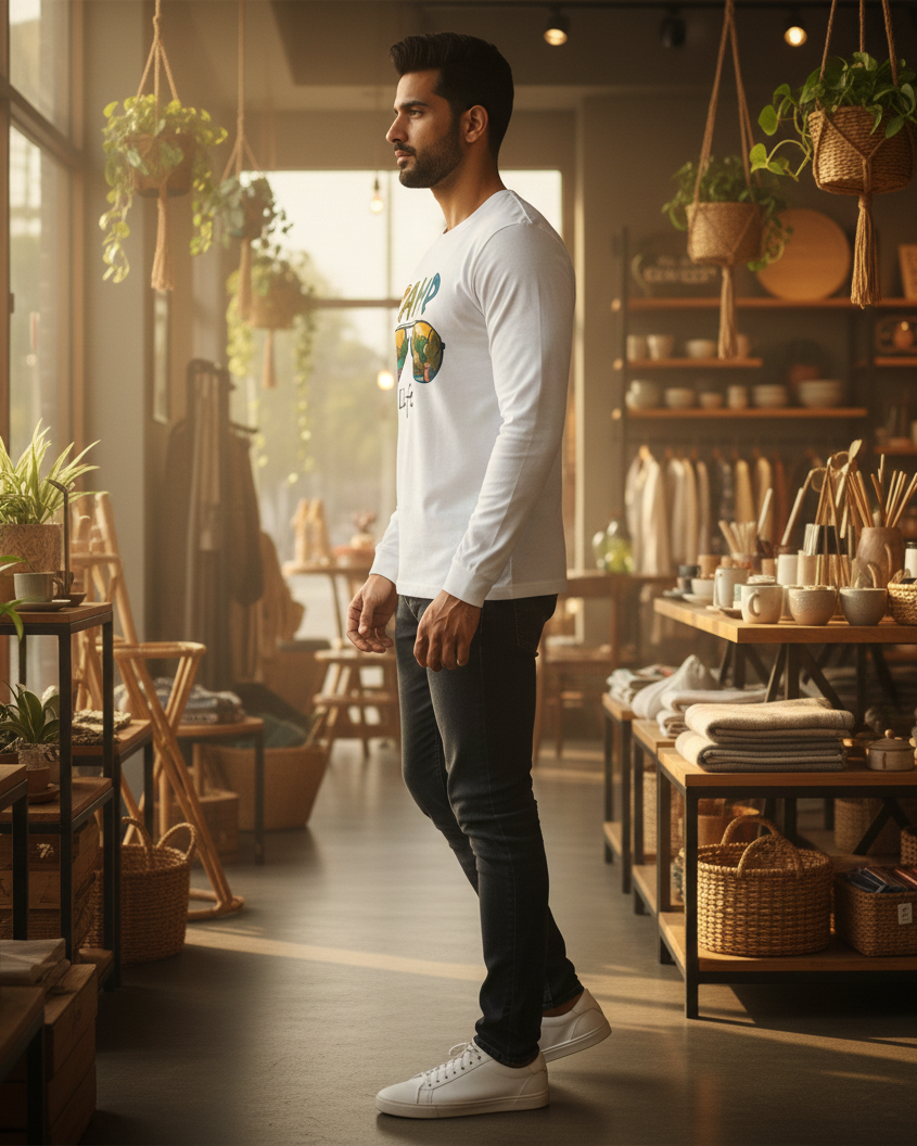 Man standing in a cozy store with plants and wooden shelves