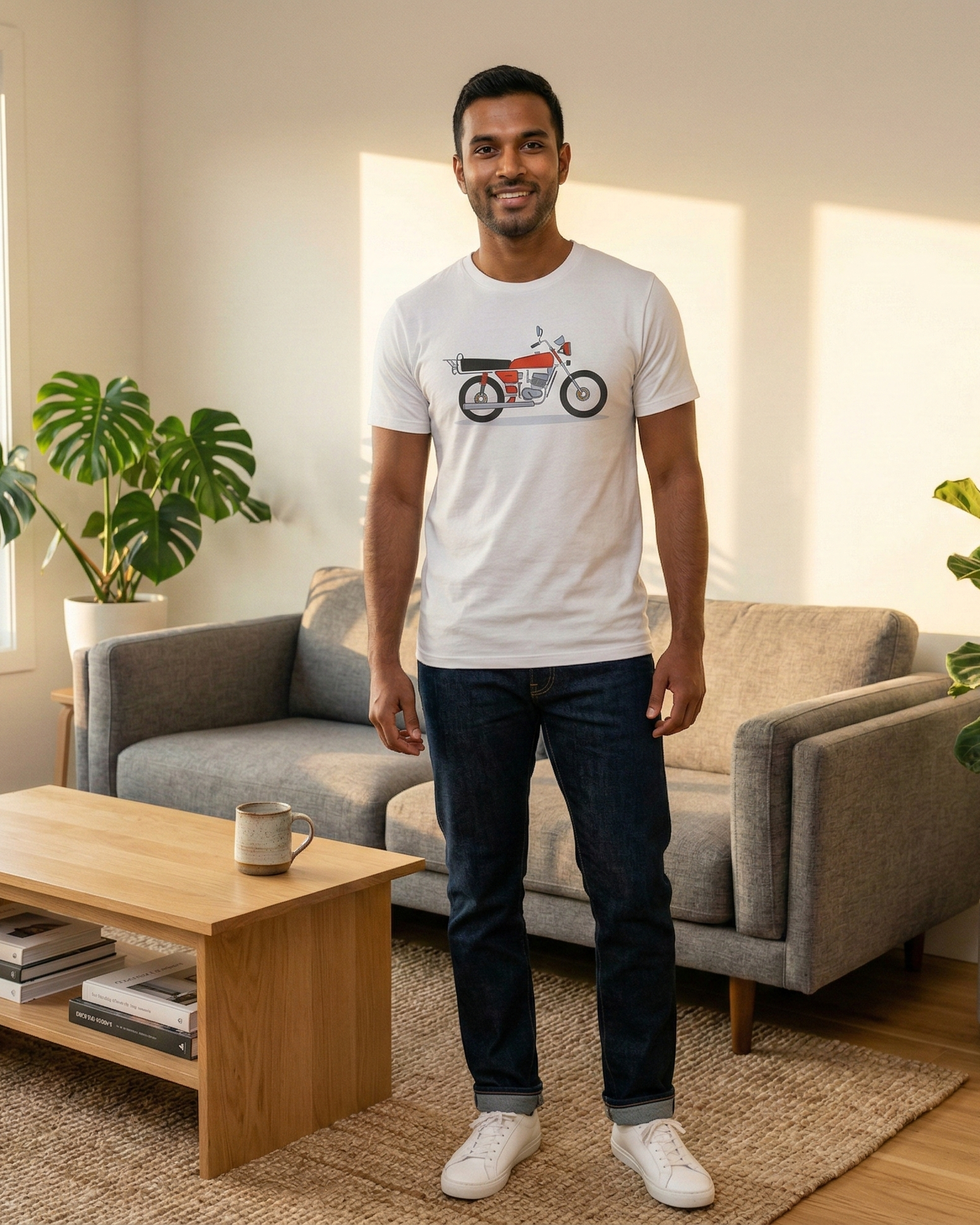 Man standing in a living room wearing a white t-shirt with a graphic design.
