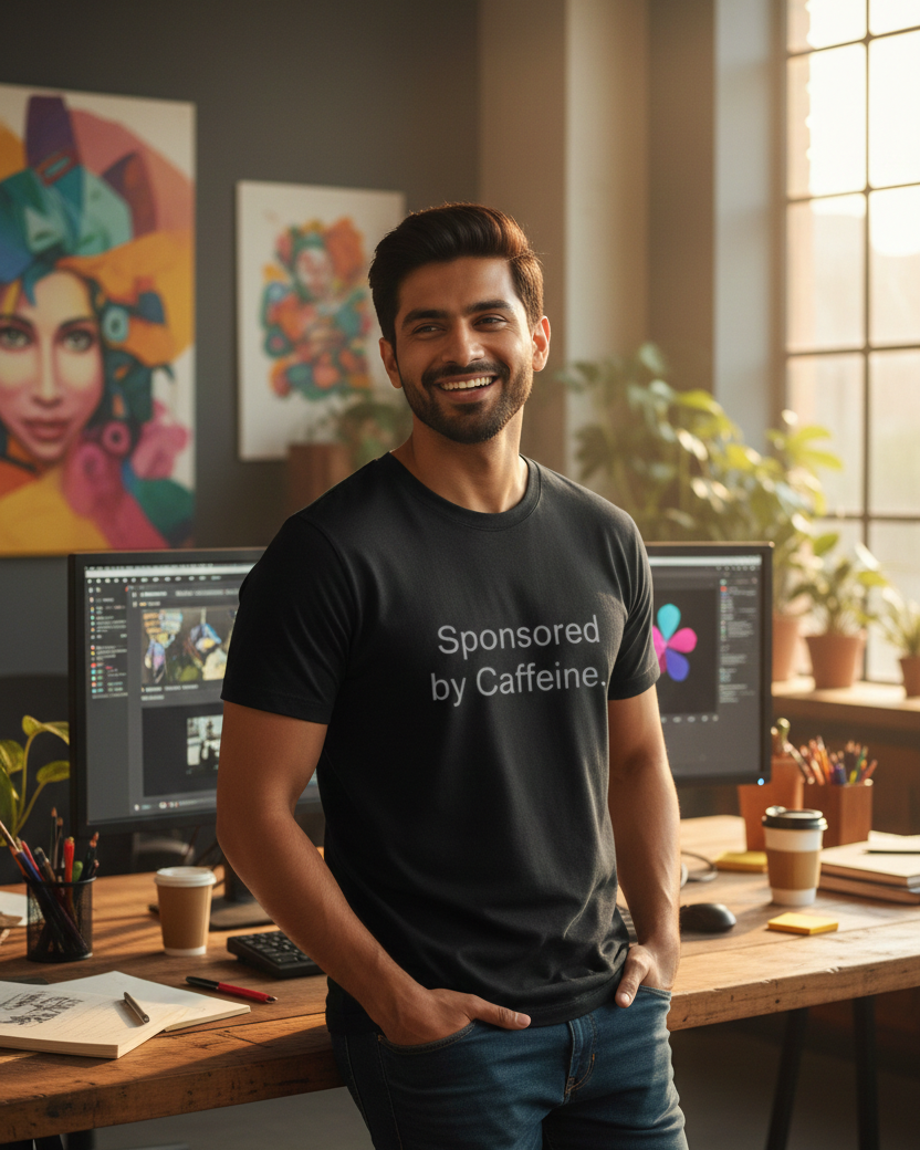 Man standing in a modern office wearing a black t-shirt with 'Sponsored by Caffeine' text.