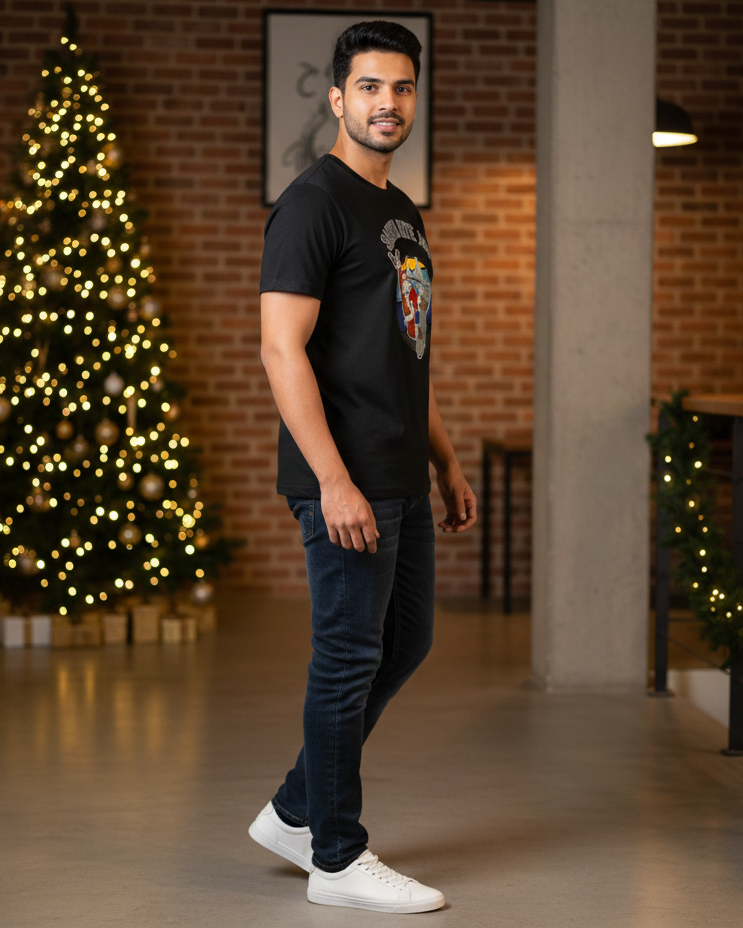 Man standing in a room with a decorated Christmas tree in the background