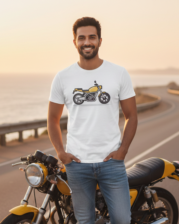 Man standing next to a motorcycle on a scenic road with a sunset in the background