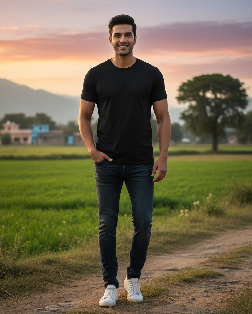 Man standing on a dirt path in a field with a scenic background