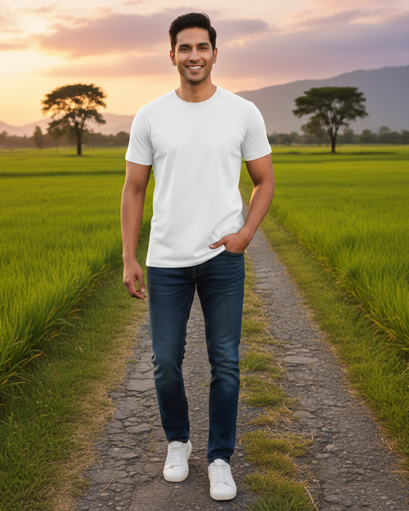 Man standing on a path in a green field with mountains in the background