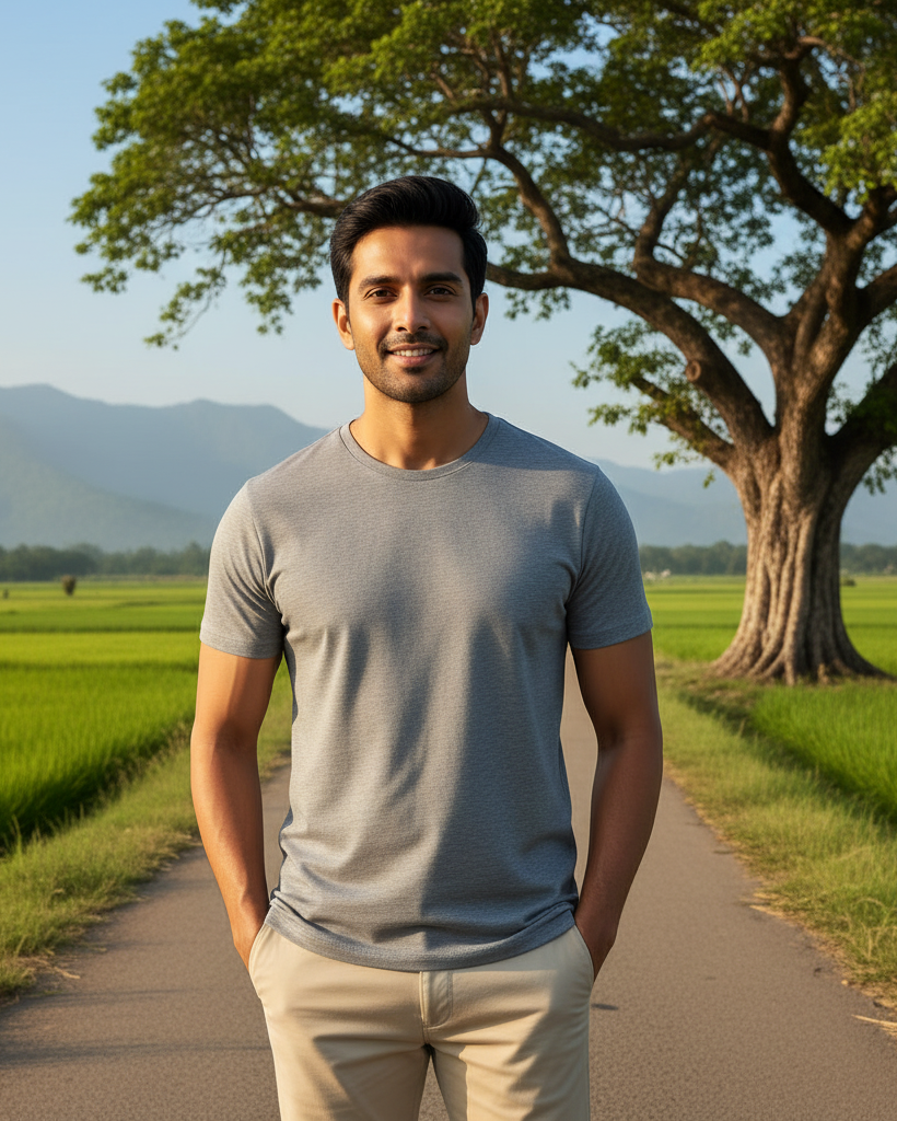 Man standing on a path in a scenic landscape with a large tree and green fields.