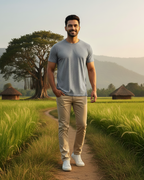 Man standing on a path in a scenic landscape with green fields and trees.