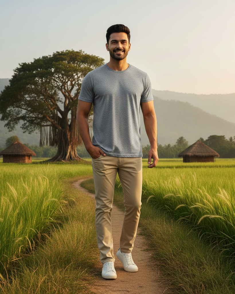 Man standing on a path in a scenic landscape with green fields and trees.