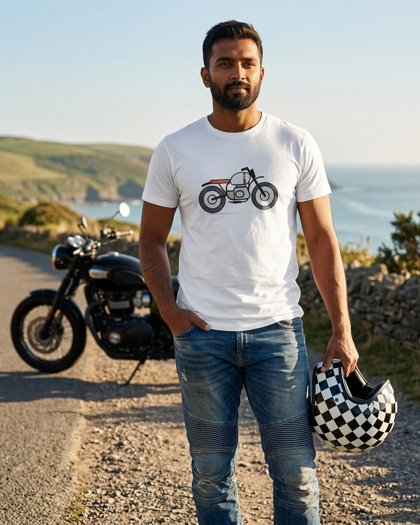 Man standing on a road with a motorcycle and helmet, wearing a t-shirt with a motorcycle graphic.
