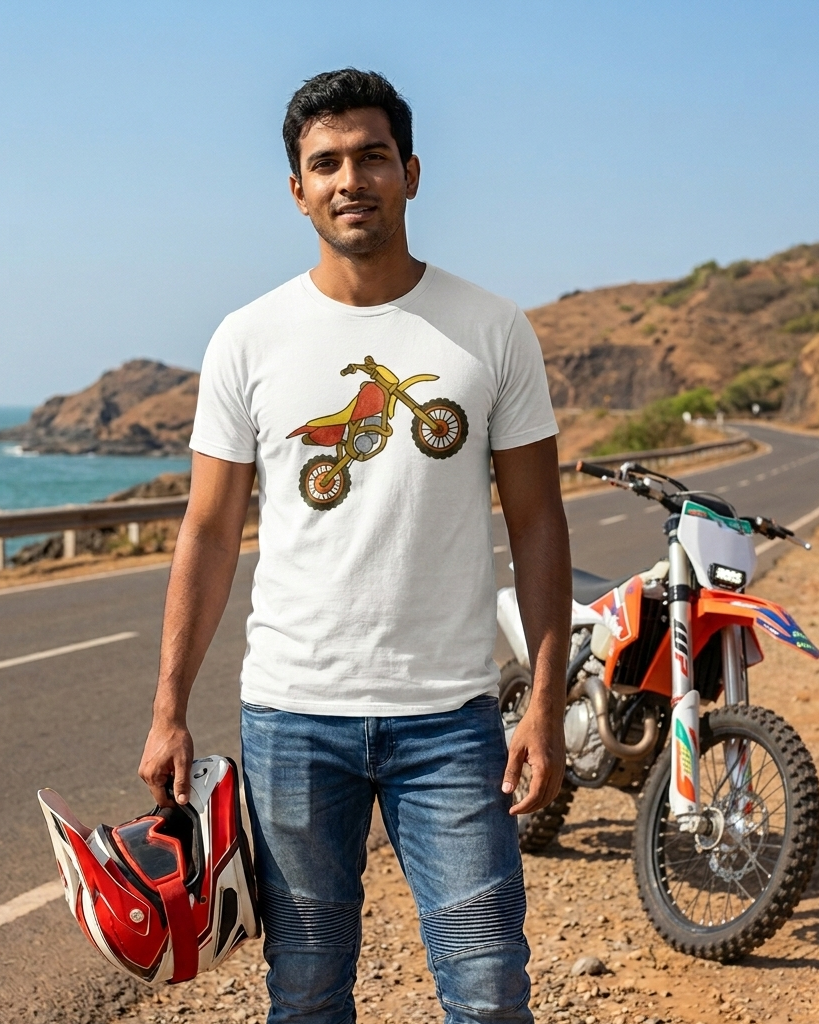 Man standing on a road with a motorcycle and ocean view