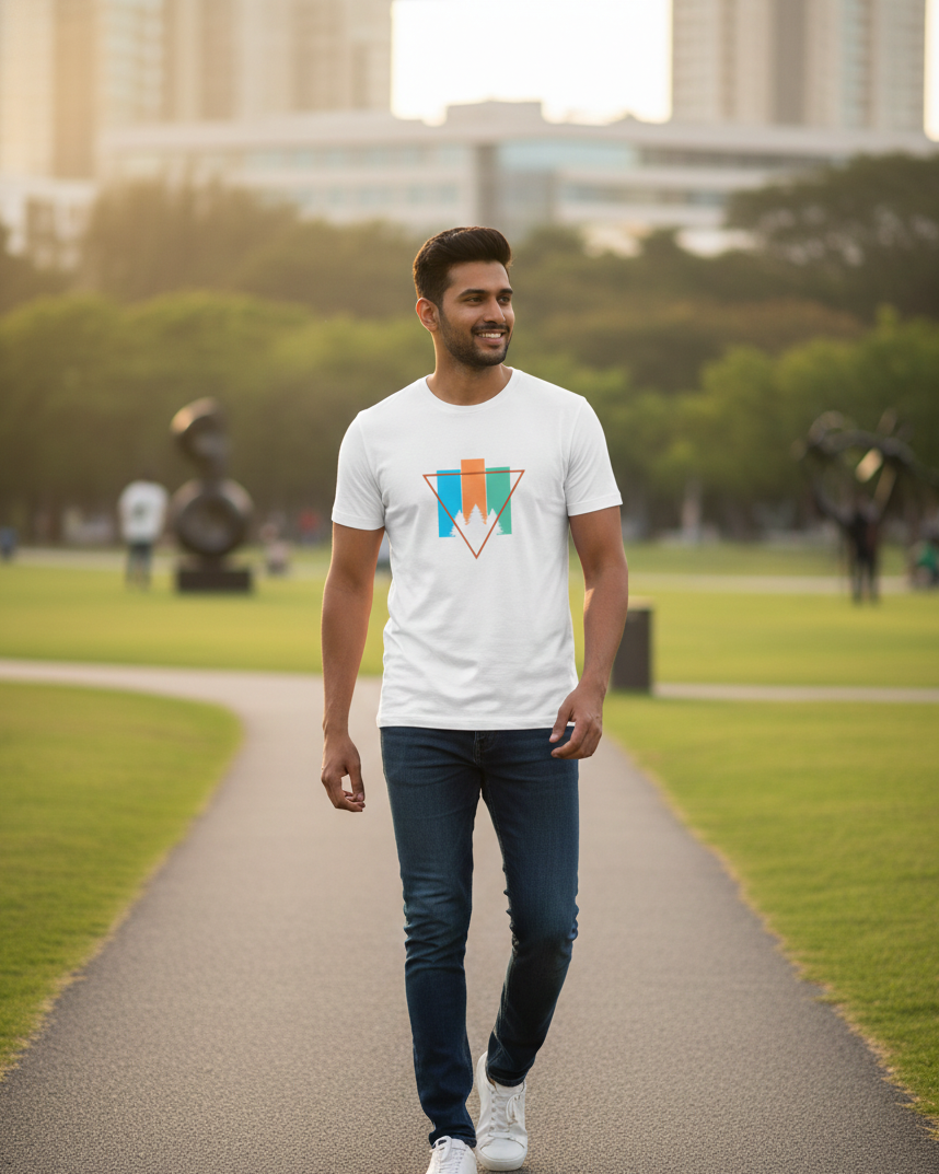 Man walking on a path in an urban park wearing a white t-shirt with a colorful triangle design.