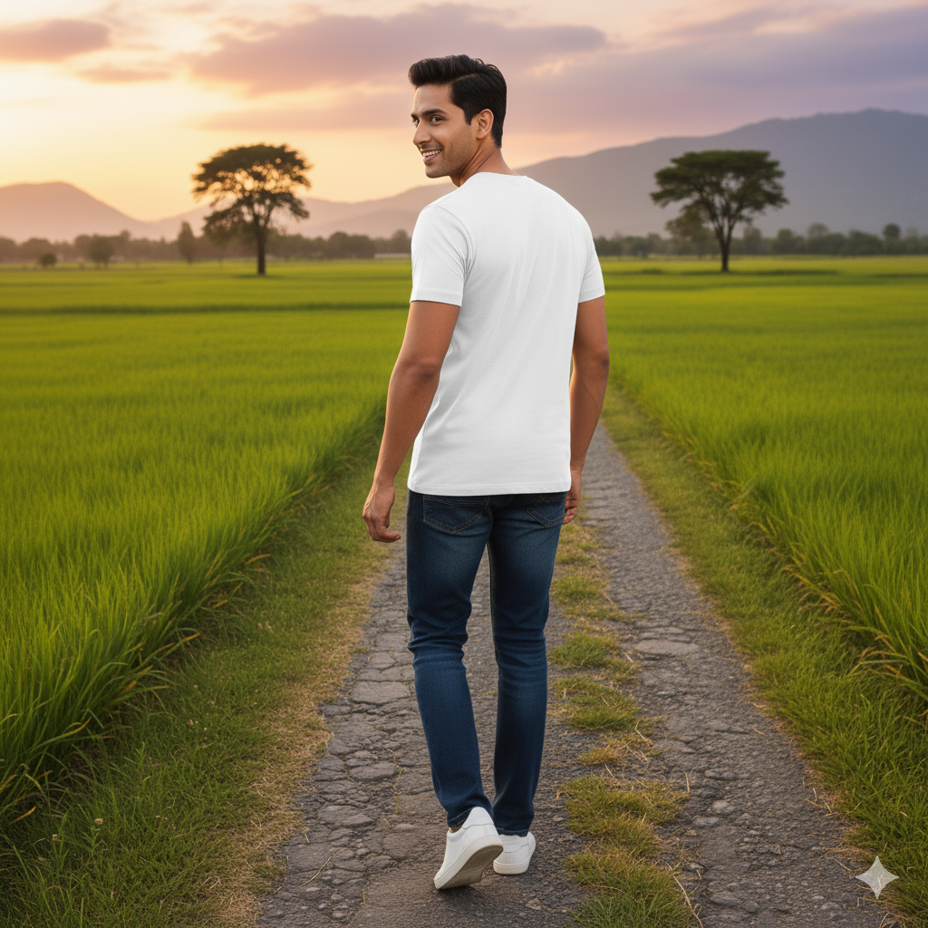 Man walking on a path through a green field with mountains in the background