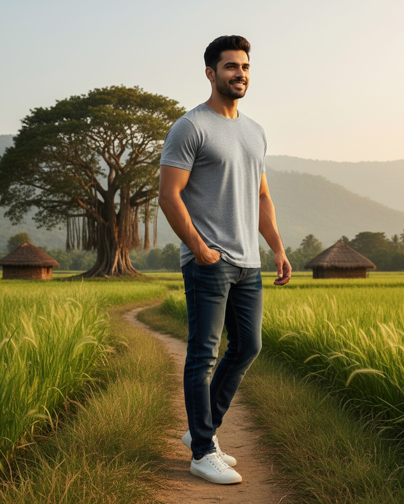 Man walking on a path through a lush green field with huts and trees in the background