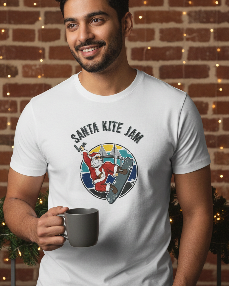 Man wearing a 'Santa Kite Jam' t-shirt holding a mug in front of a brick wall with lights.