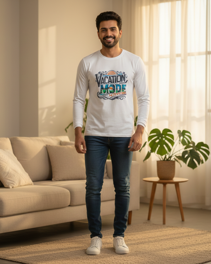 Man wearing a 'Vacation Mode' shirt in a living room