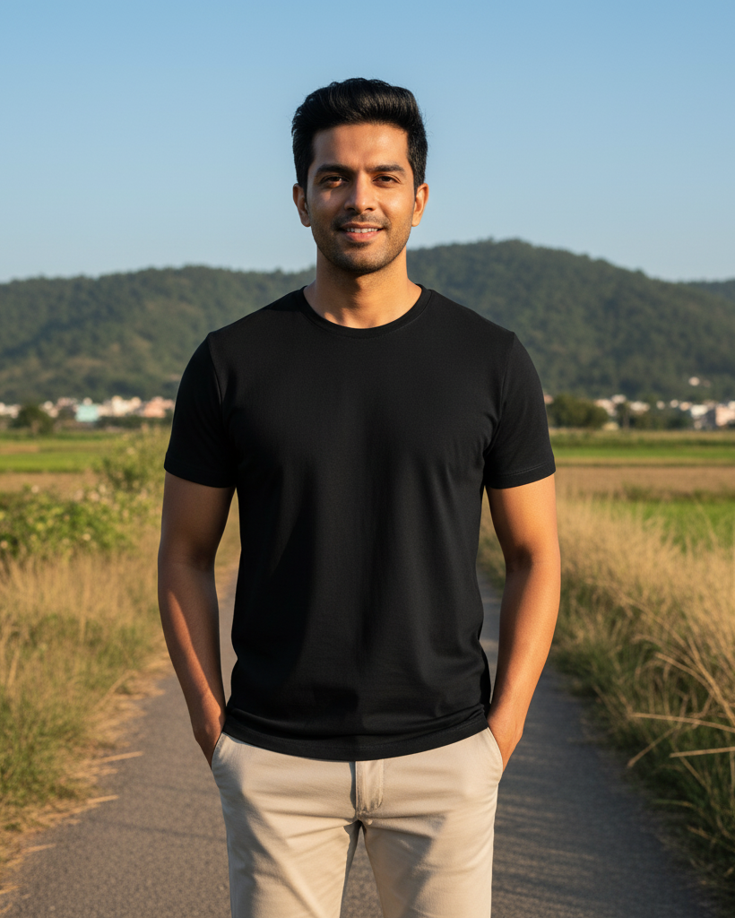 Man wearing a black t-shirt and beige pants standing on a path with green fields and hills in the background.