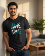 Man wearing a black t-shirt with 'Awesome' design in a living room setting