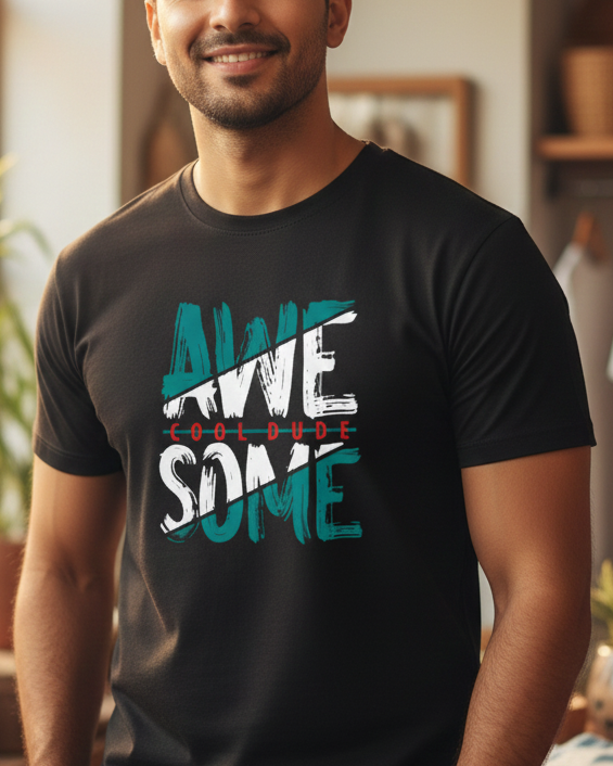 Man wearing a black t-shirt with 'Awesome' printed on it in a room with plants and clothing.