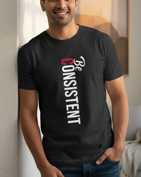 Man wearing a black t-shirt with 'Be Consistent' text in a living room