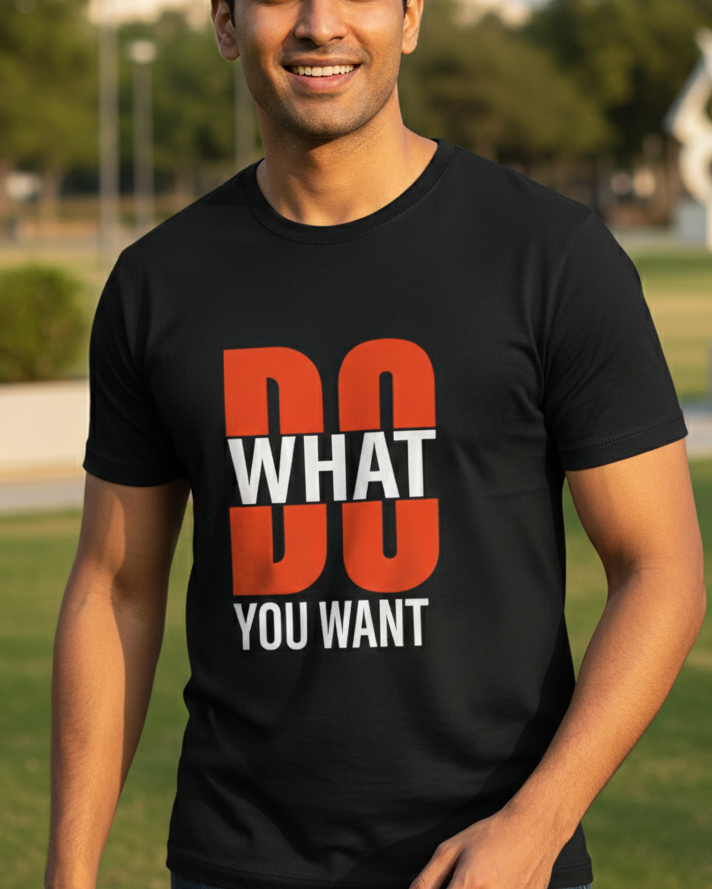 Man wearing a black t-shirt with 'DO WHAT YOU WANT' text in an outdoor setting