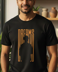 Man wearing a black t-shirt with 'DREAMS' design in a room with plants and shelves