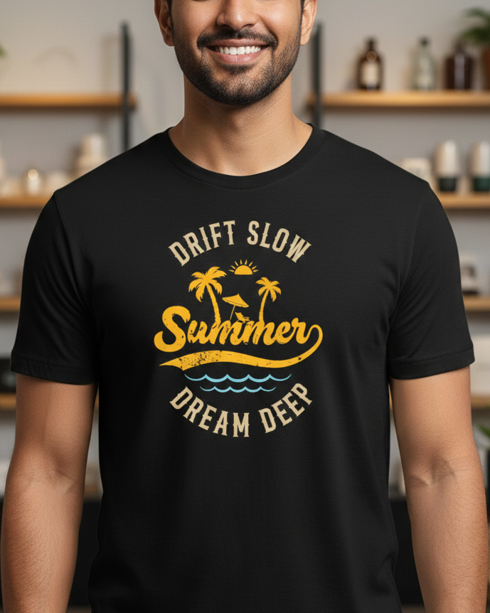 Man wearing a black t-shirt with 'Drift Slow Summer Dream Deep' text and graphics, standing in a room with shelves in the background.