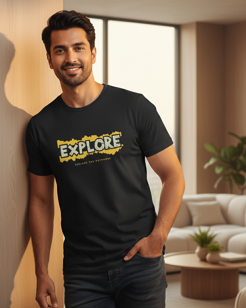 Man wearing a black t-shirt with 'EXPLORE' printed on it in a living room.