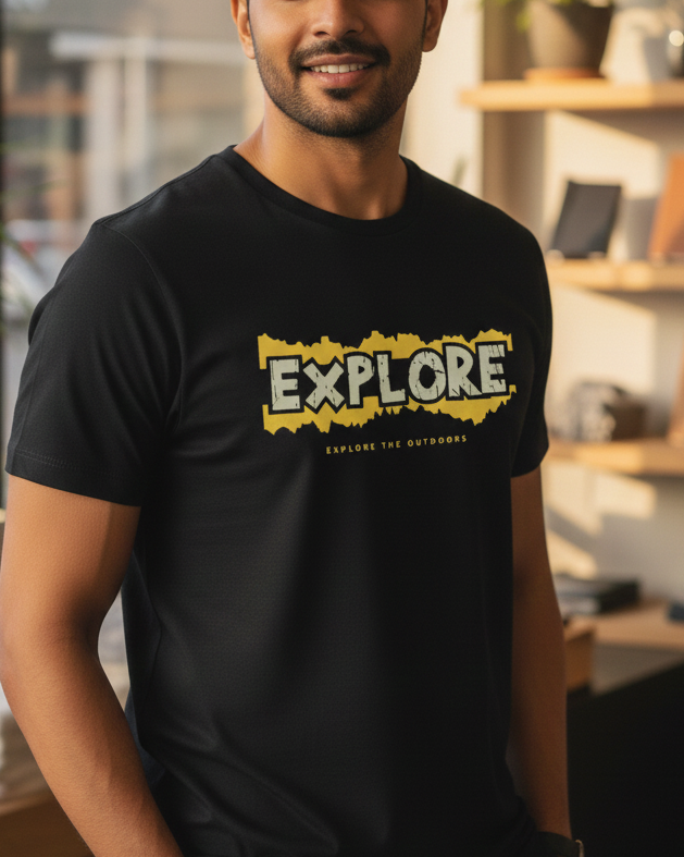 Man wearing a black t-shirt with 'EXPLORE' printed on it in an indoor setting.