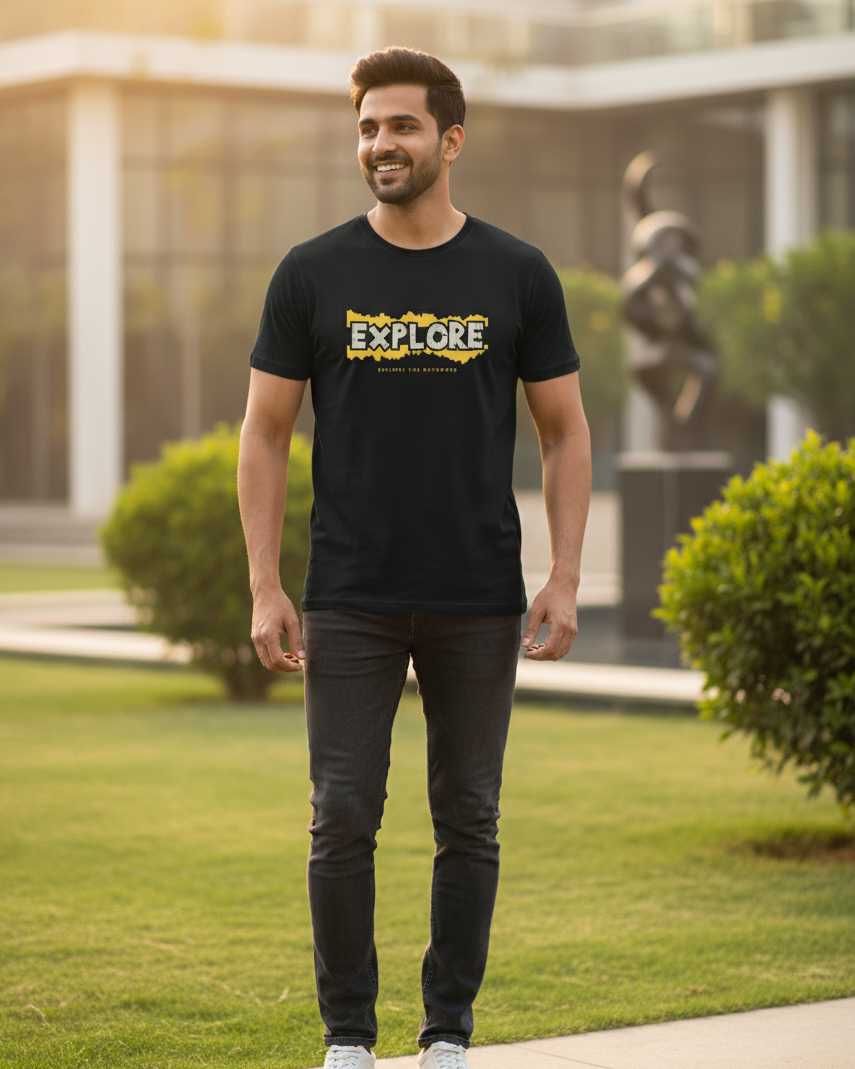 Man wearing a black t-shirt with 'EXPLORE' printed on it, standing outdoors.