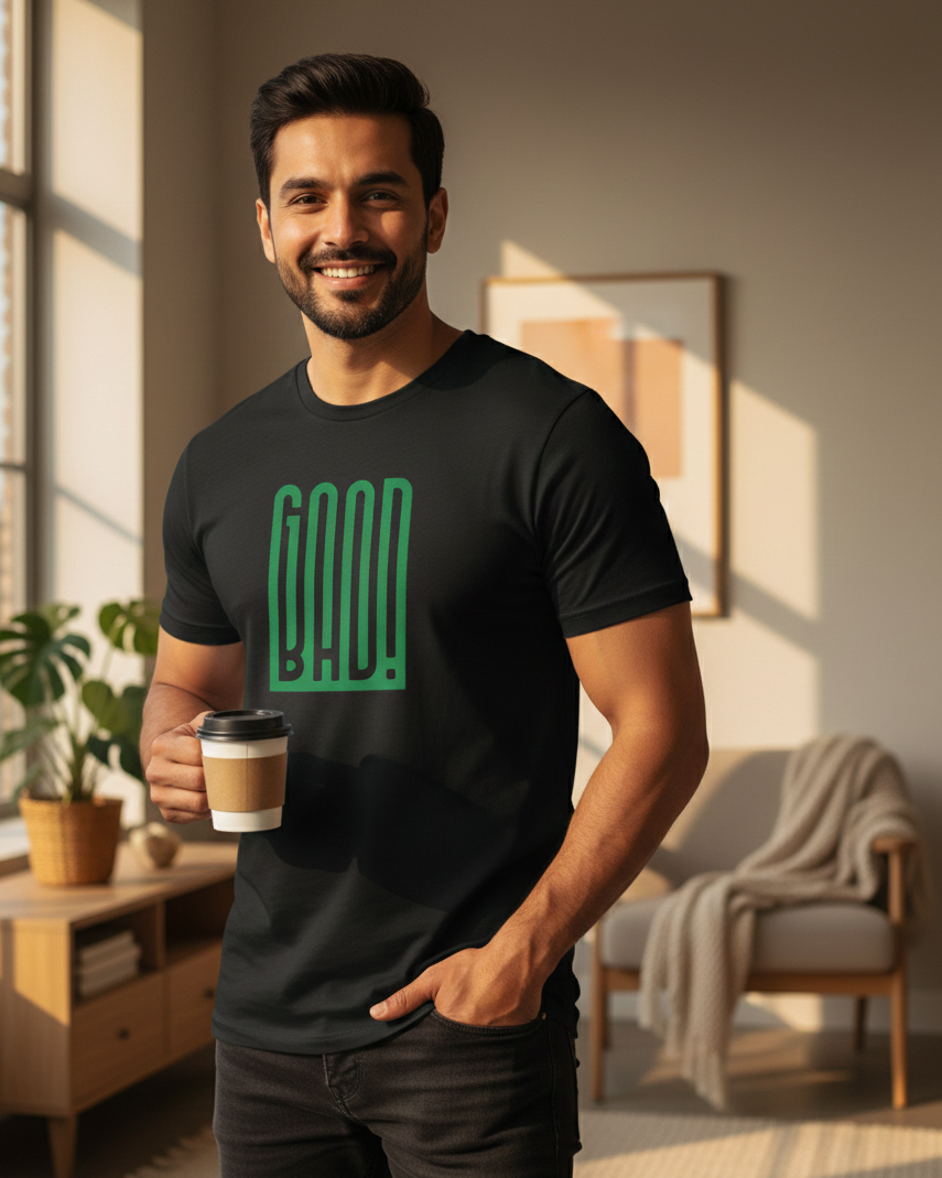 Man wearing a black t-shirt with 'GOOD BAD' in green, holding a coffee cup in a sunlit room.