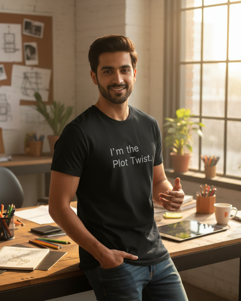 Man wearing a black t-shirt with 'I'm the Plot Twist' text in an office setting.