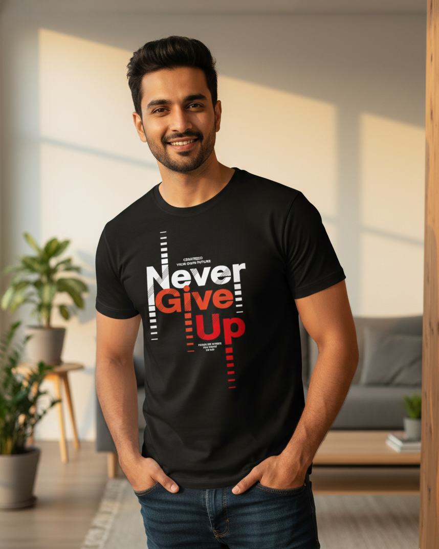Man wearing a black t-shirt with 'Never Give Up' text in a modern living room.