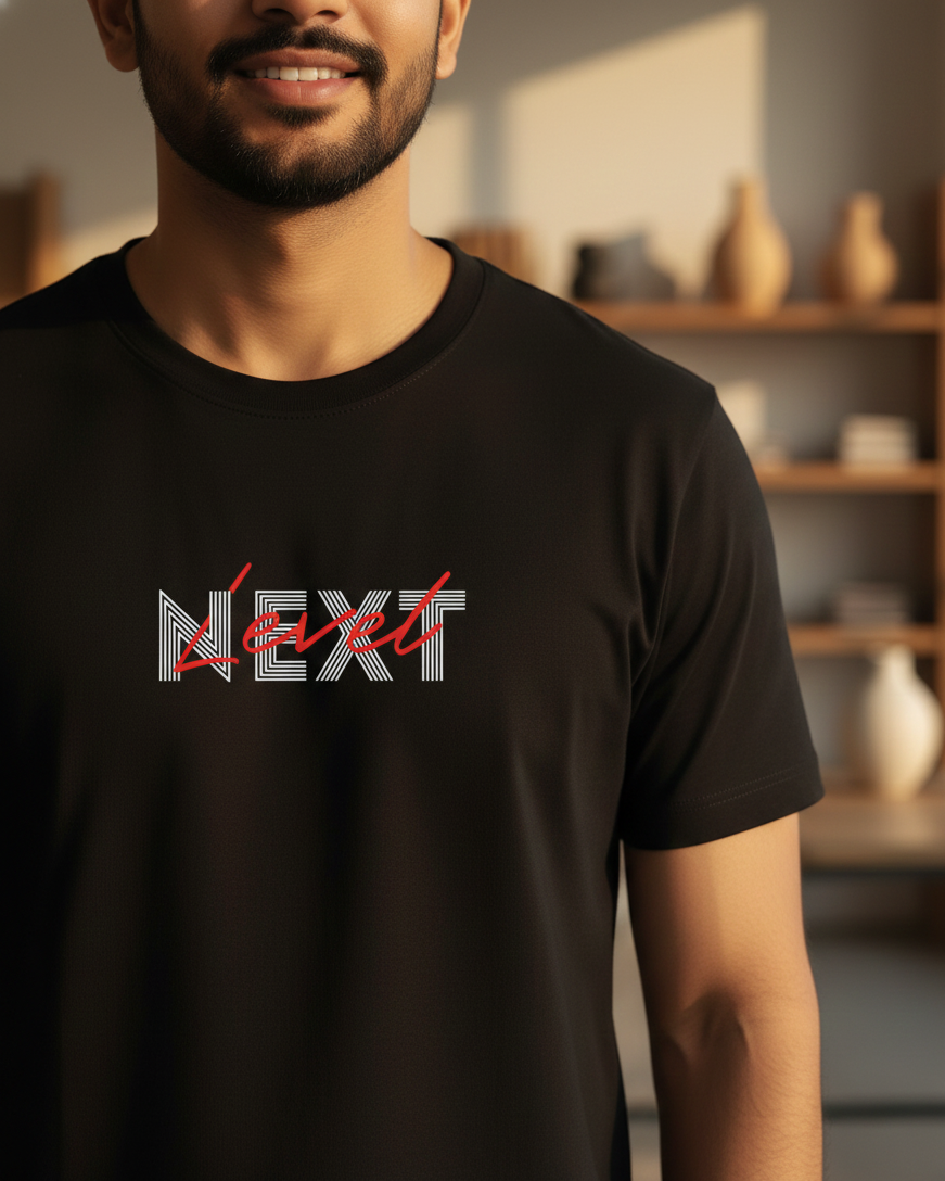 Man wearing a black t-shirt with 'Next Sweet' design in a blurred indoor setting