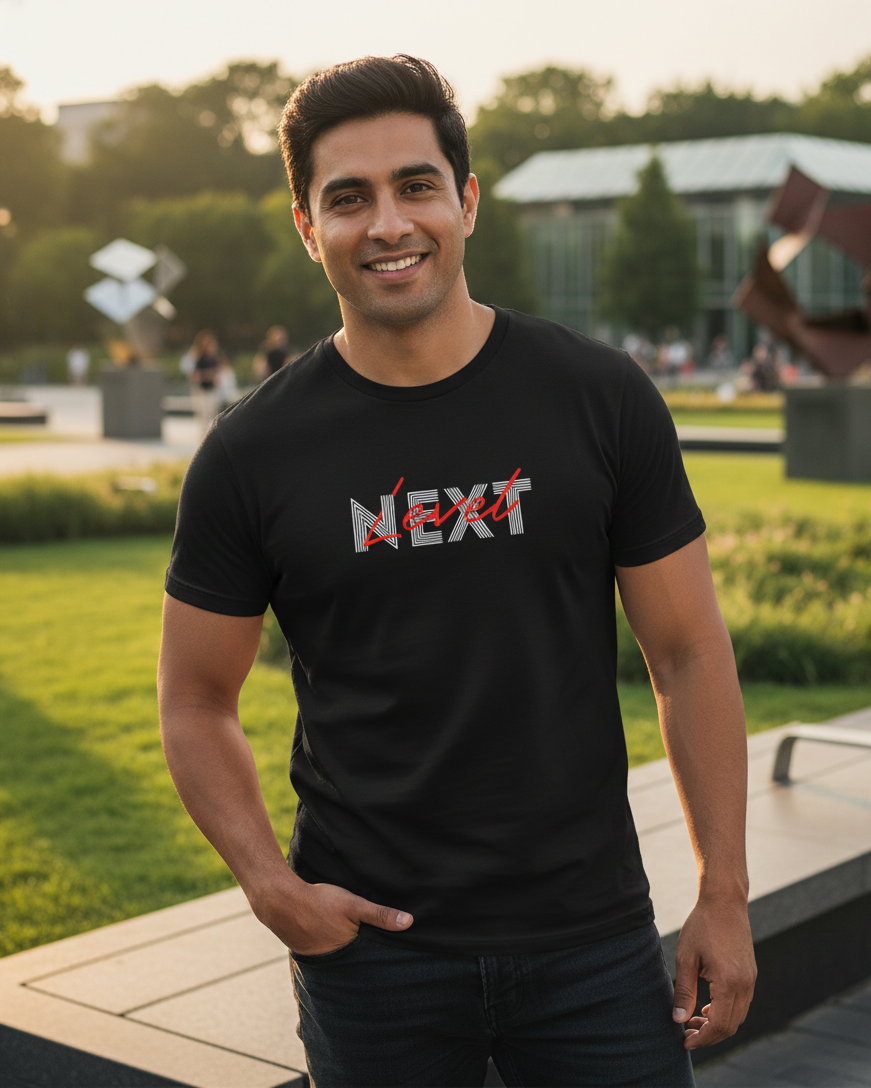 Man wearing a black t-shirt with 'Next' printed on it, standing outdoors.