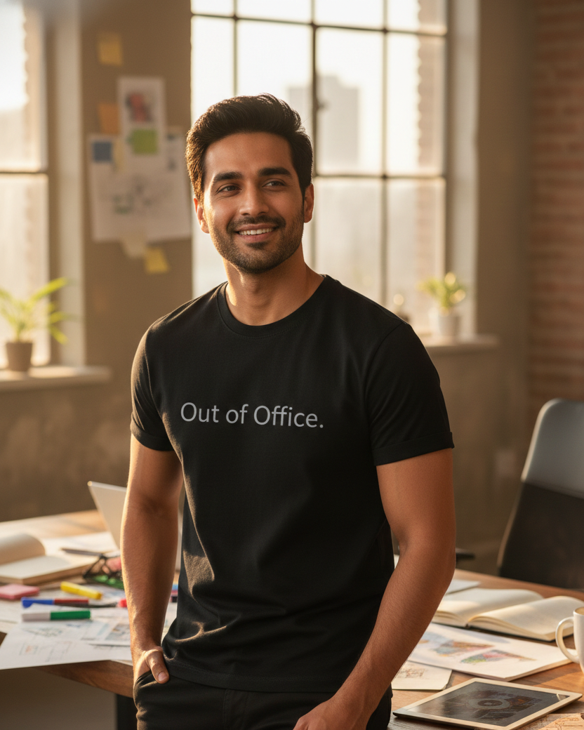 Man wearing a black t-shirt with 'Out of Office' text in an office setting