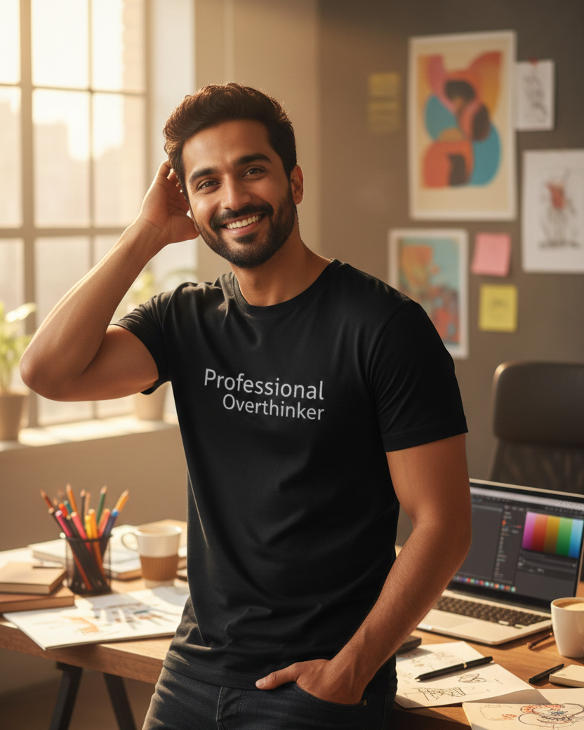 Man wearing a black t-shirt with 'Professional Overthinker' text in an office setting.