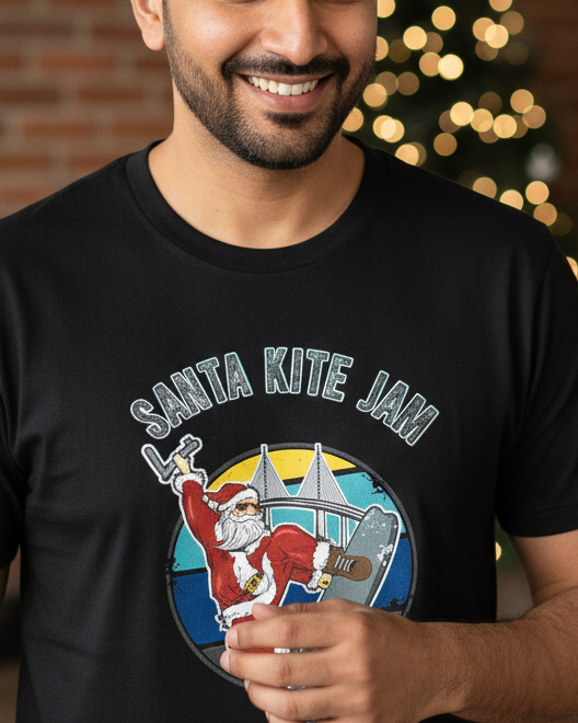 Man wearing a black t-shirt with 'Santa Kite Jam' design in a festive indoor setting.