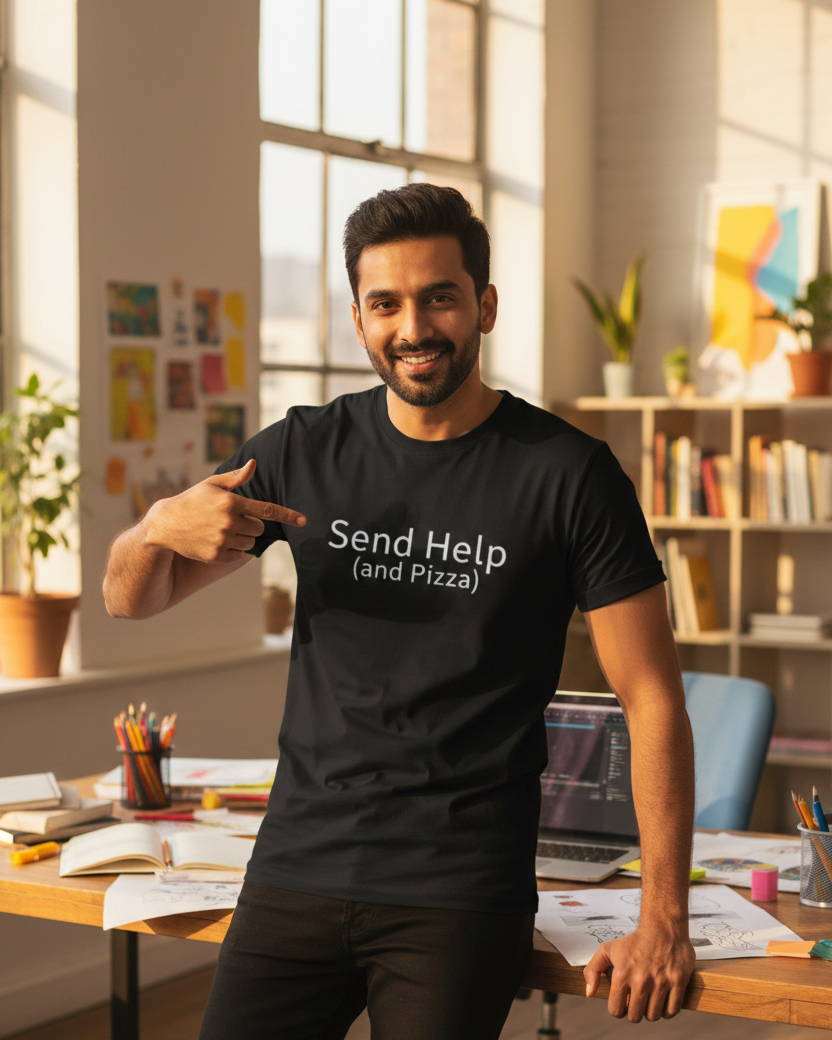 Man wearing a black t-shirt with 'Send Help (and Pizza)' text in an office setting
