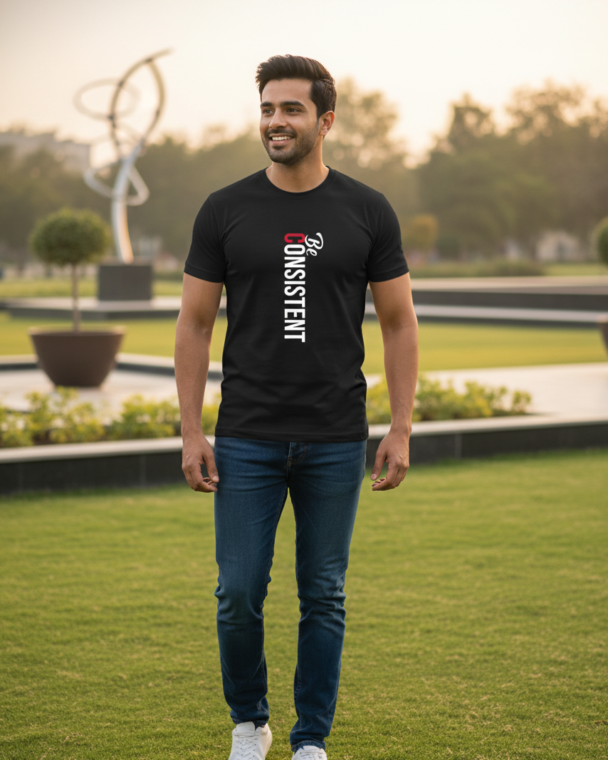 Man wearing a black t-shirt with 'The Consistent' text in an outdoor setting