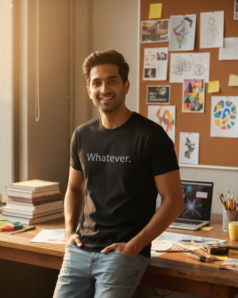 Man wearing a black t-shirt with 'Whatever.' text in an office setting