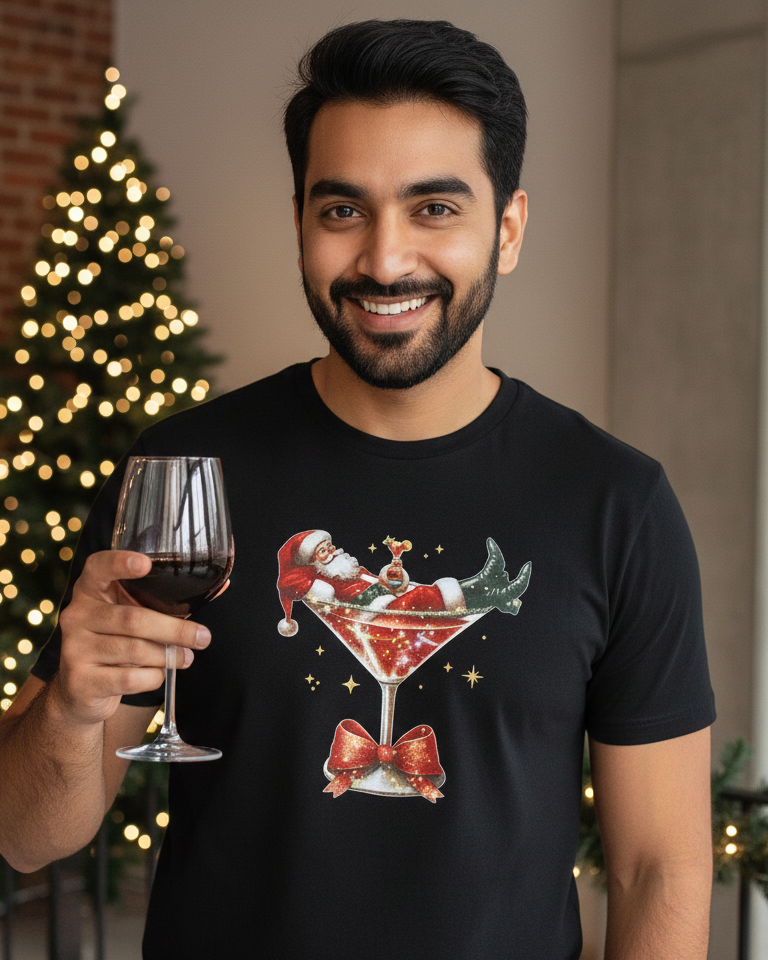 Man wearing a black t-shirt with a Christmas-themed design, holding a glass of red wine, with a decorated Christmas tree in the background.