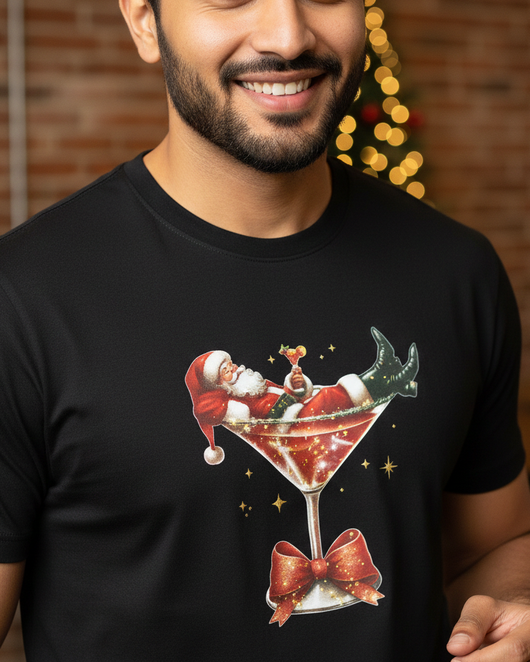 Man wearing a black t-shirt with a Christmas-themed design of Santa Claus in a martini glass.