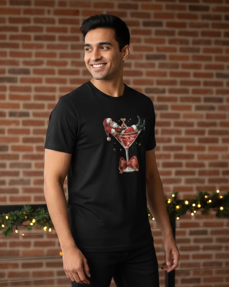 Man wearing a black t-shirt with a cocktail graphic in front of a brick wall with Christmas lights.