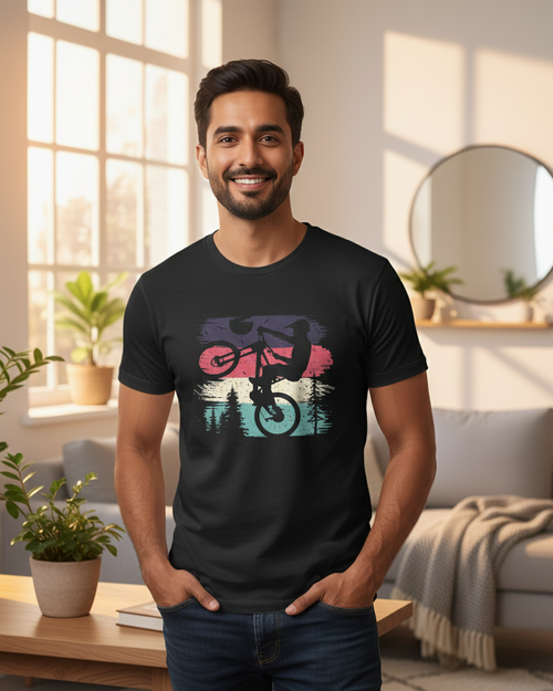 Man wearing a black t-shirt with a colorful graphic design in a living room.