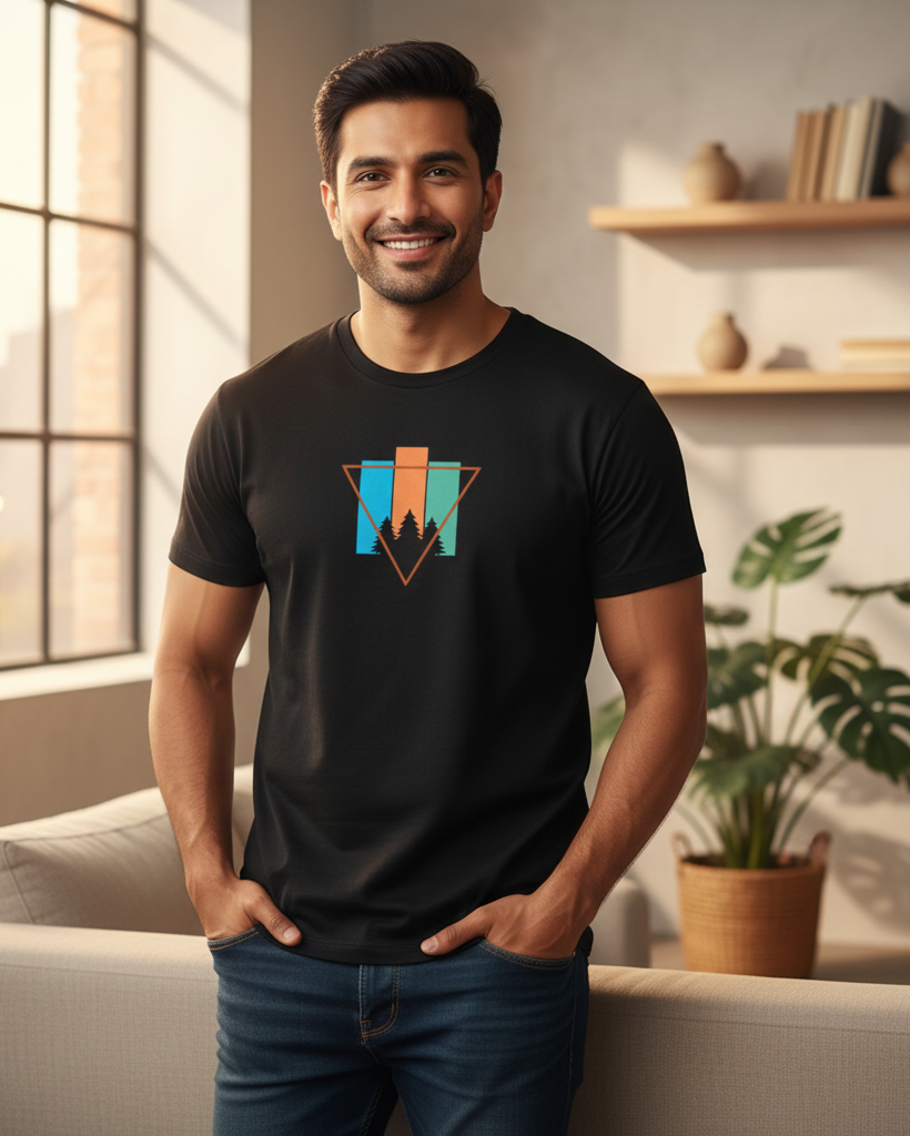 Man wearing a black t-shirt with a colorful logo in a living room.